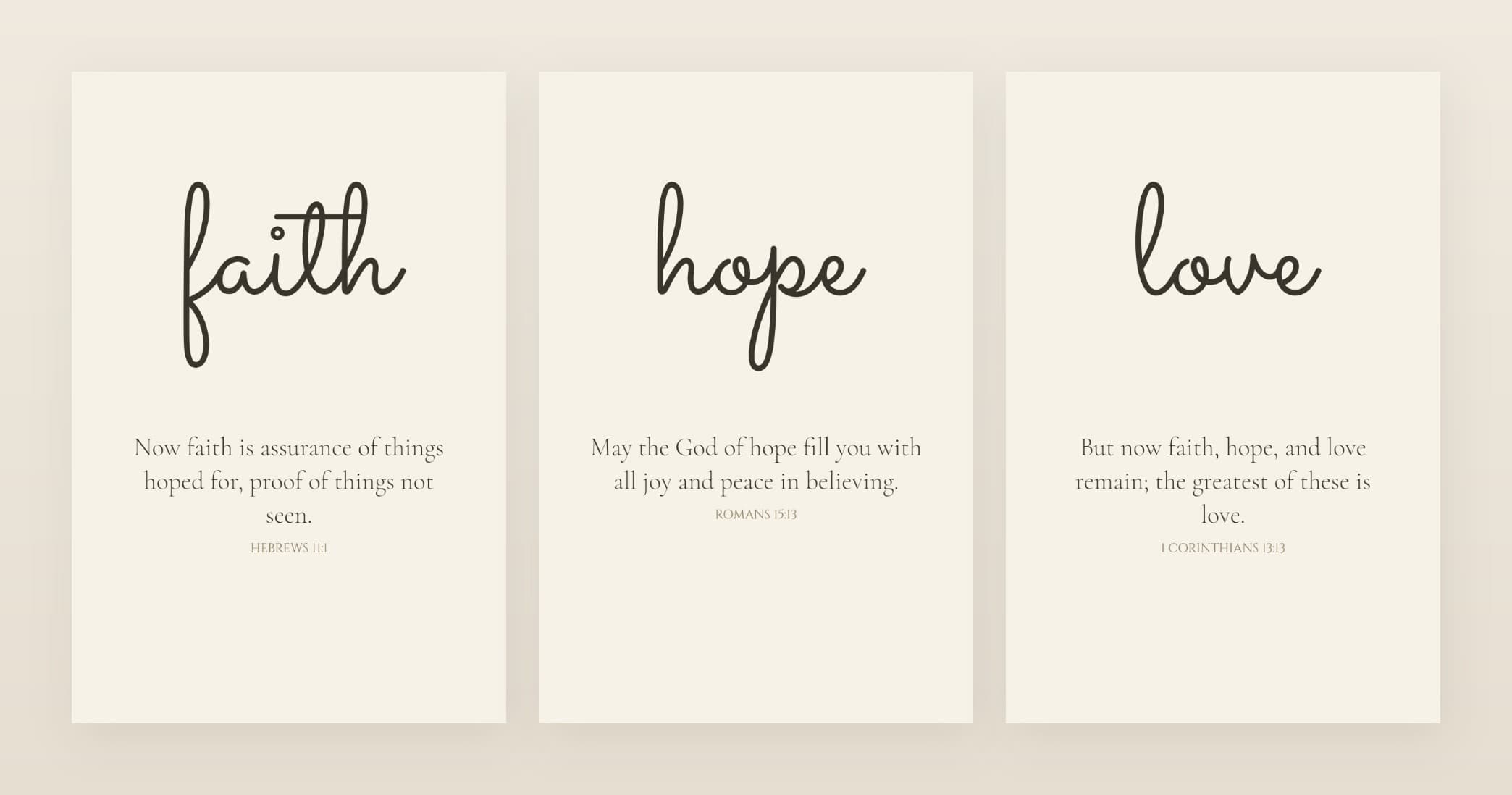 Faith · Hope · Love — Set of 3 — all three panels