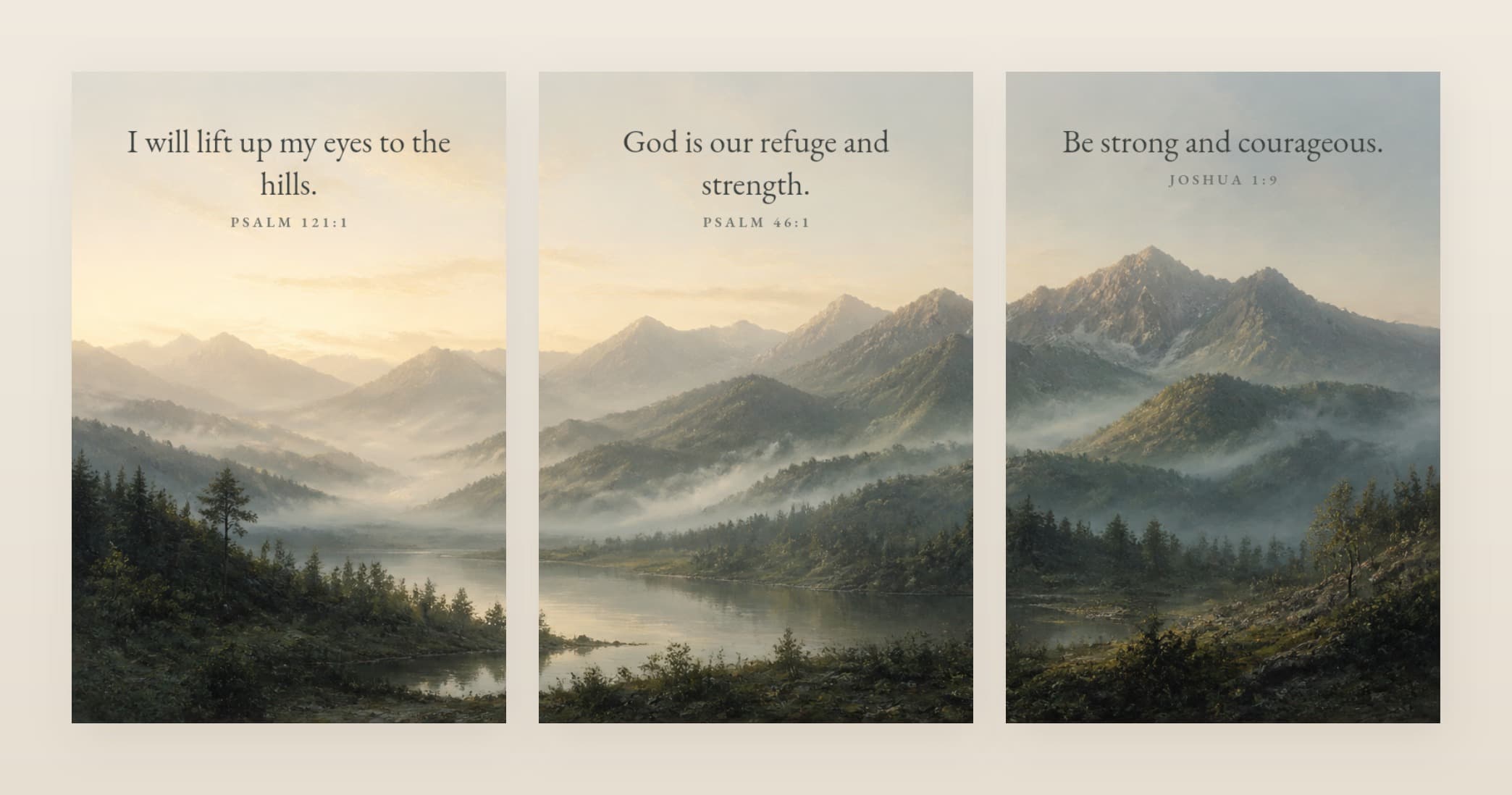 Misty Mountains — Scripture Set of 3 — all three panels