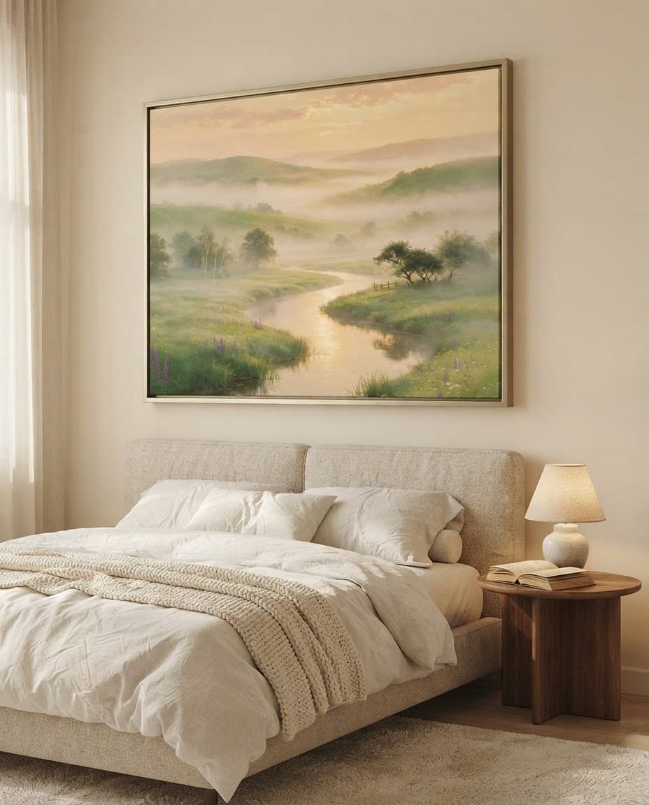 Misty Valley at Dawn shown in a styled room