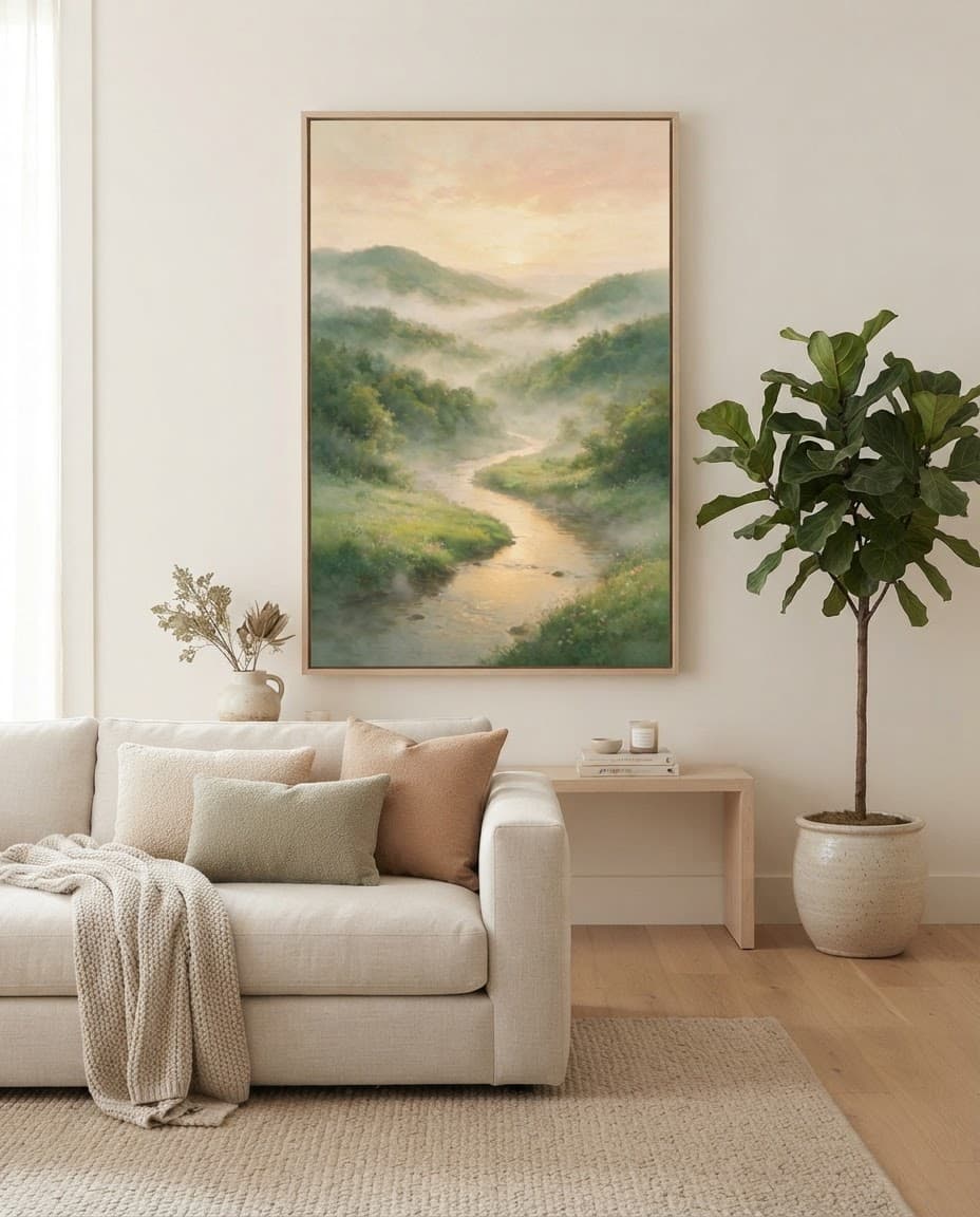 Misty Valley Morning shown in a styled room