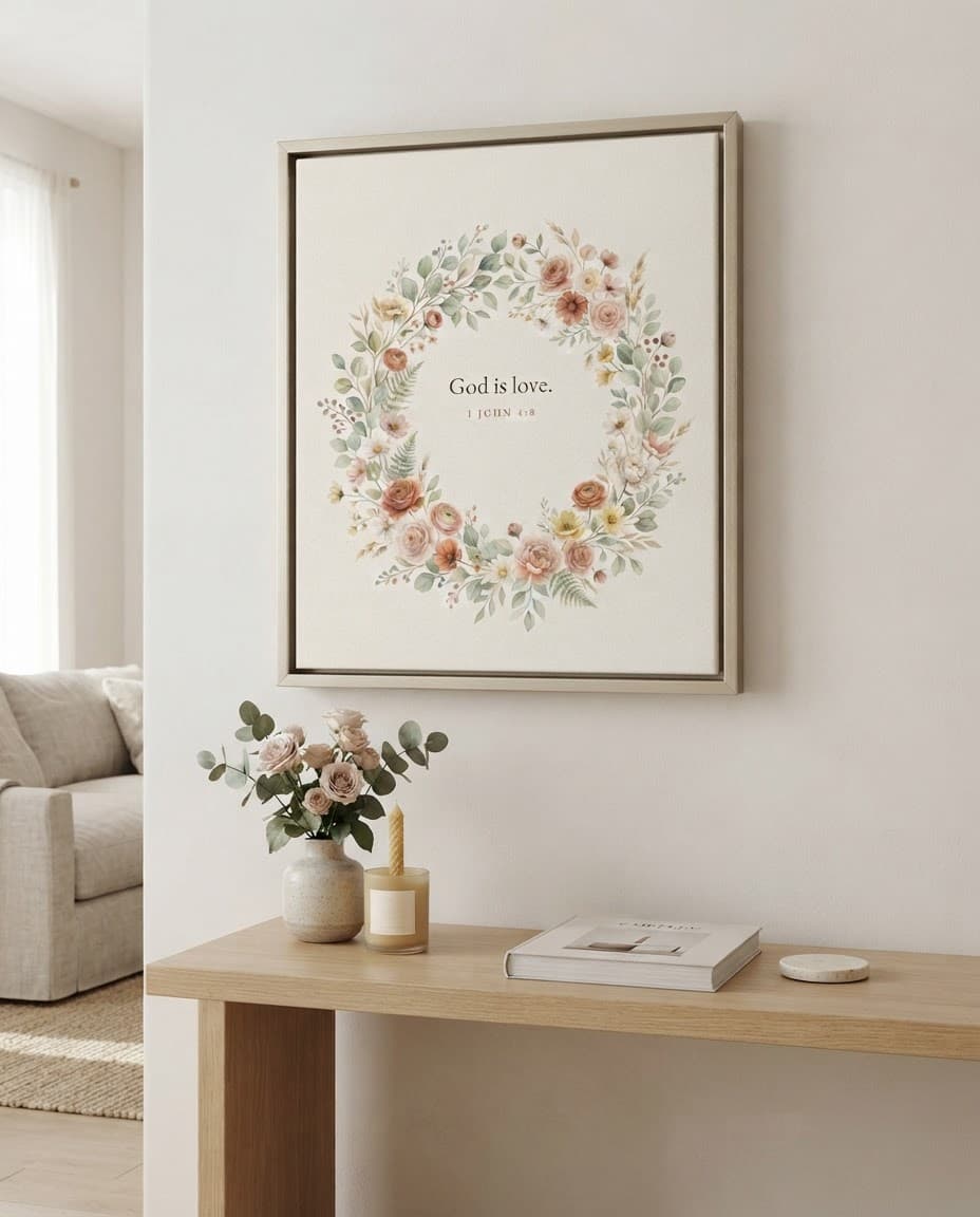 God Is Love shown in a styled room