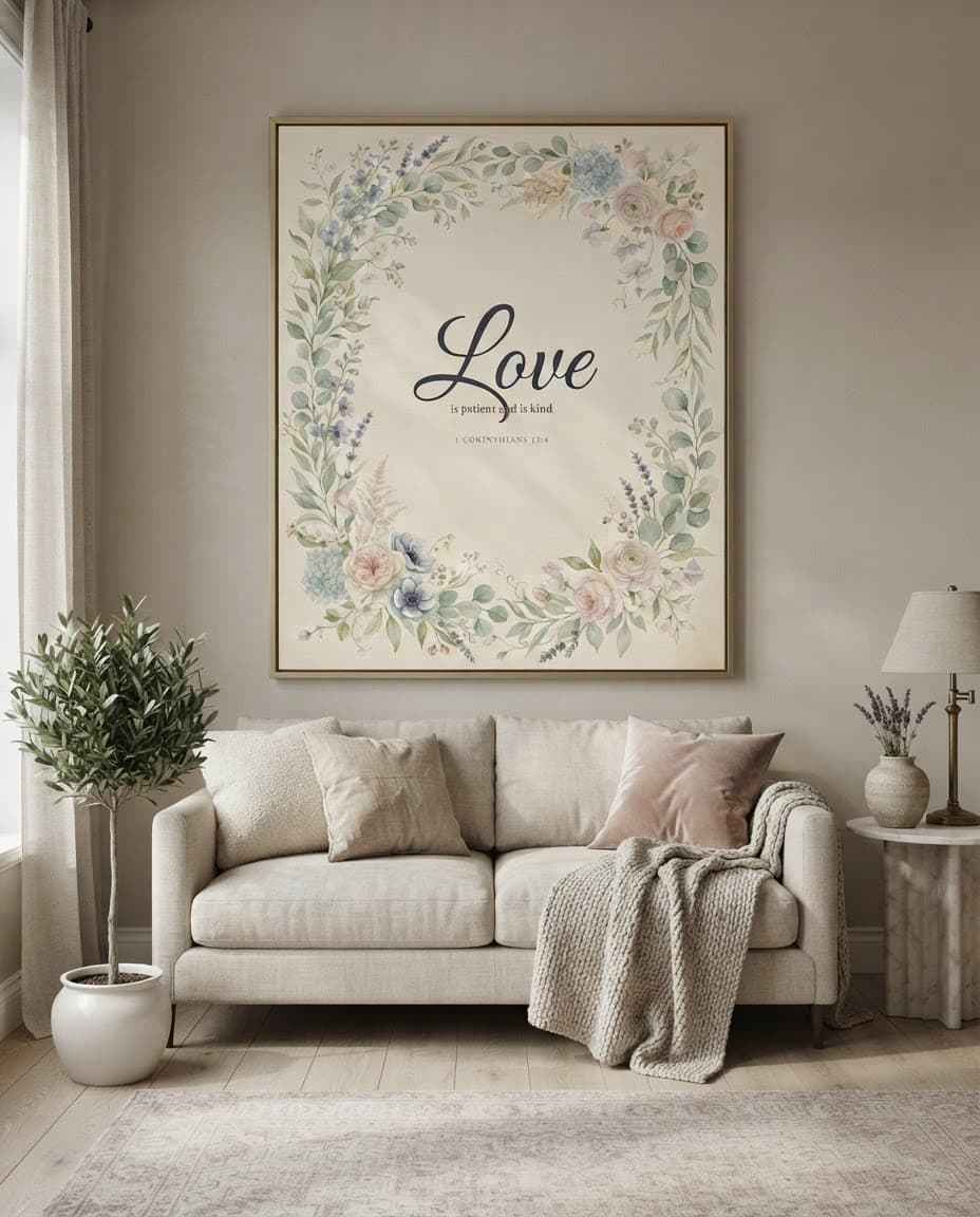 Love Is Patient shown in a styled room