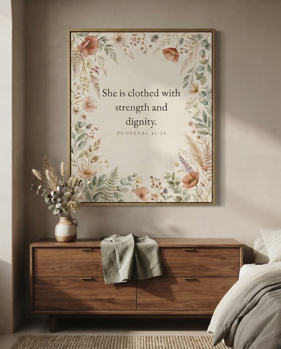 She Is Clothed shown in a styled room