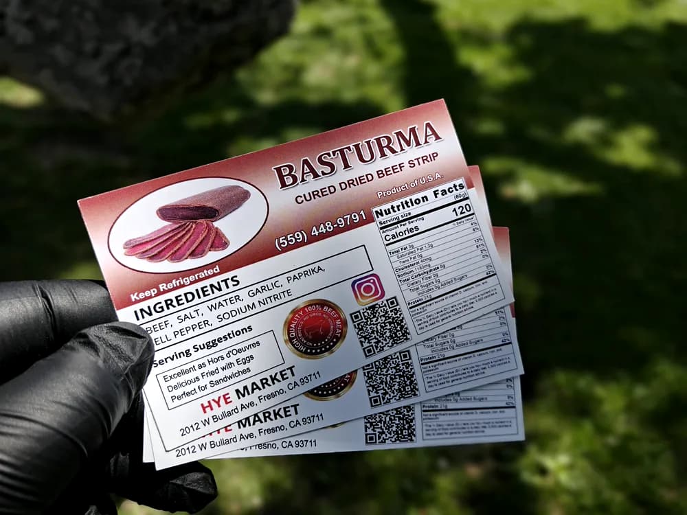 Basturma cured beef product label with ingredients and nutrition facts panel