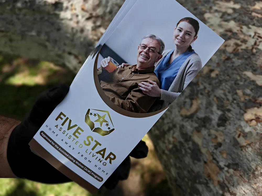 Folded brochure with lifestyle photography for Five Star Assisted Living