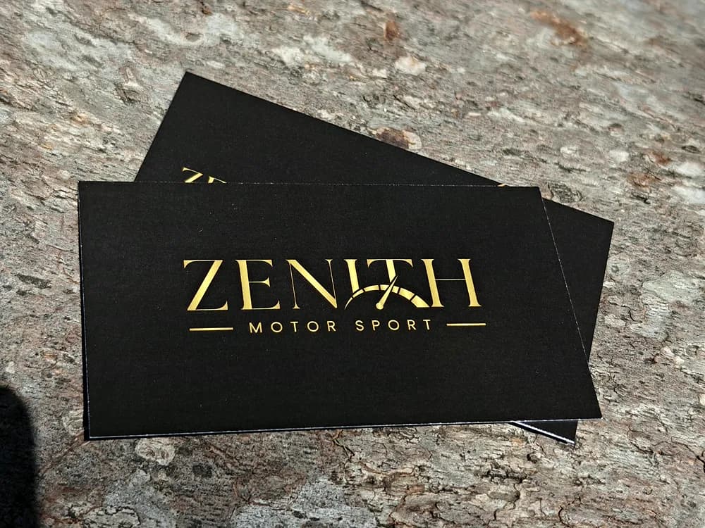 Matte black business cards with gold foil Zenith Motor Sport wordmark