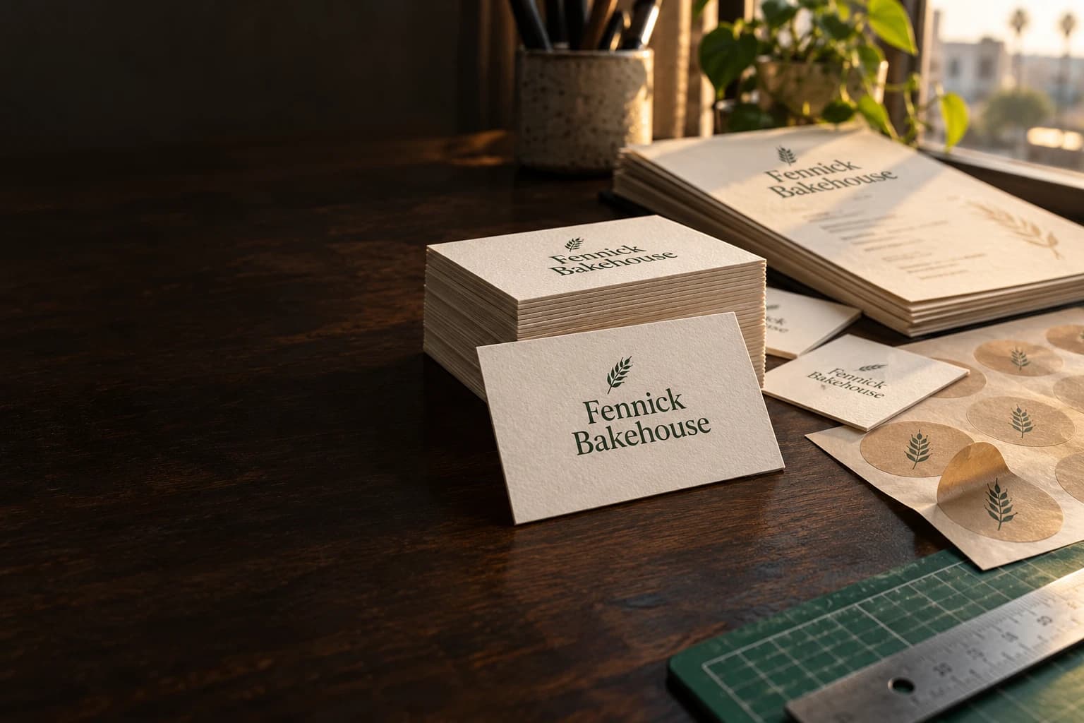 Thick letterpress-style business cards, menus and kraft stickers for a bakery on a wooden desk