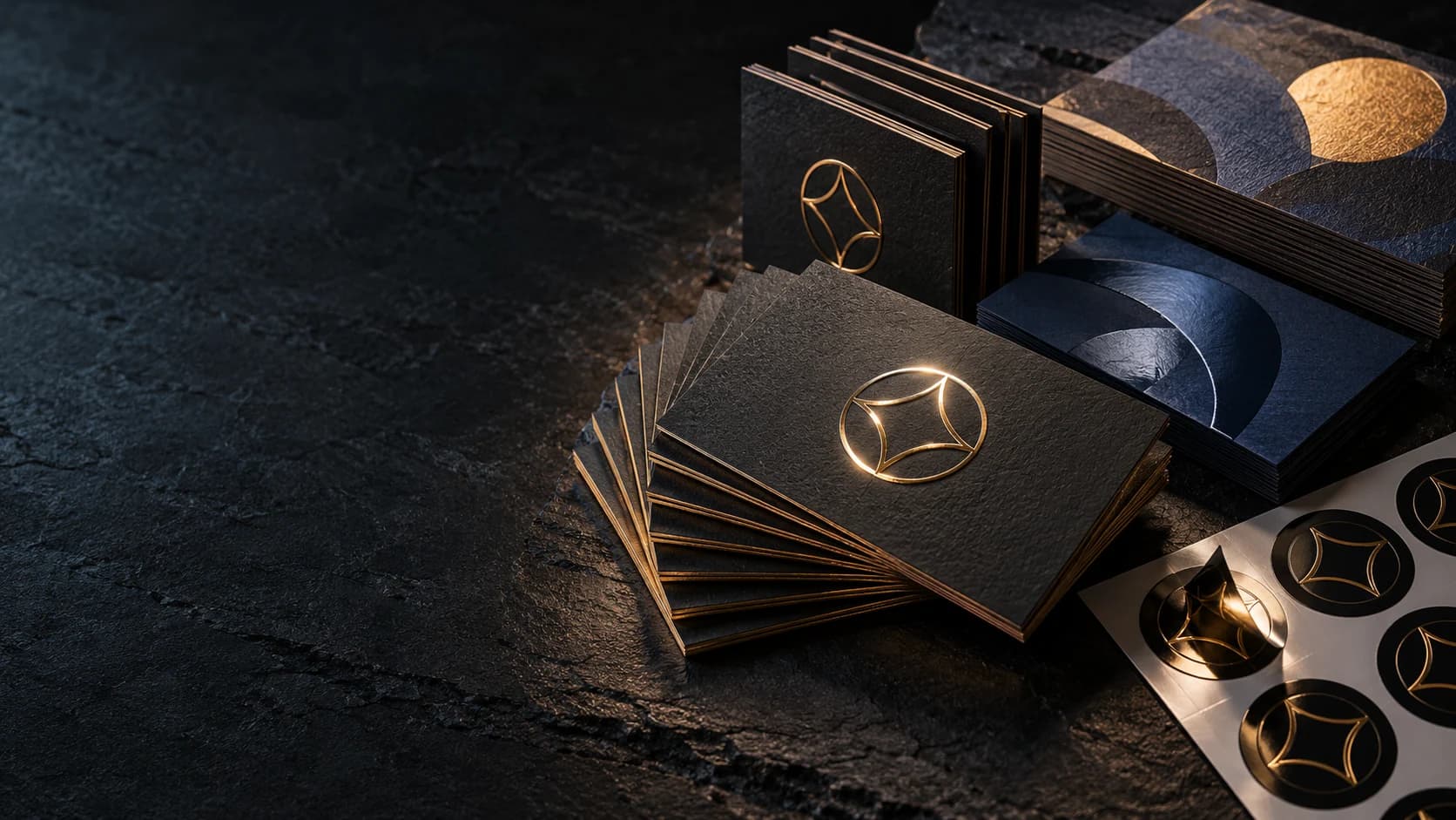 Thick black business cards with gold foil, navy cards and a sheet of foil stickers