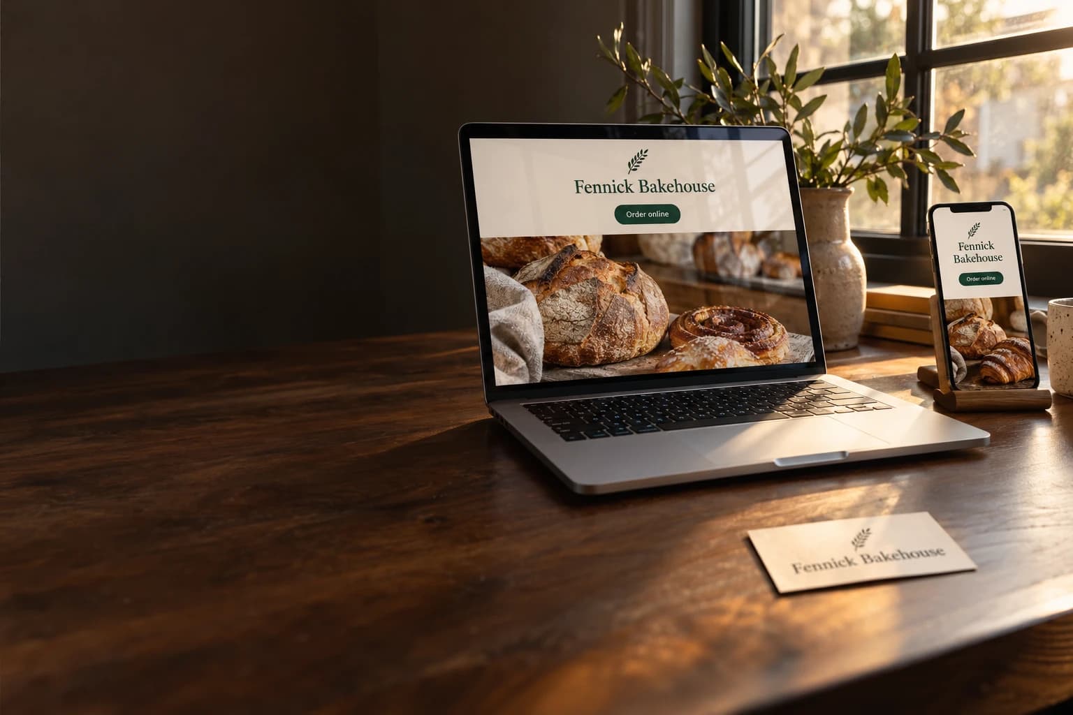 A laptop and phone on a wooden desk showing the same bakery website