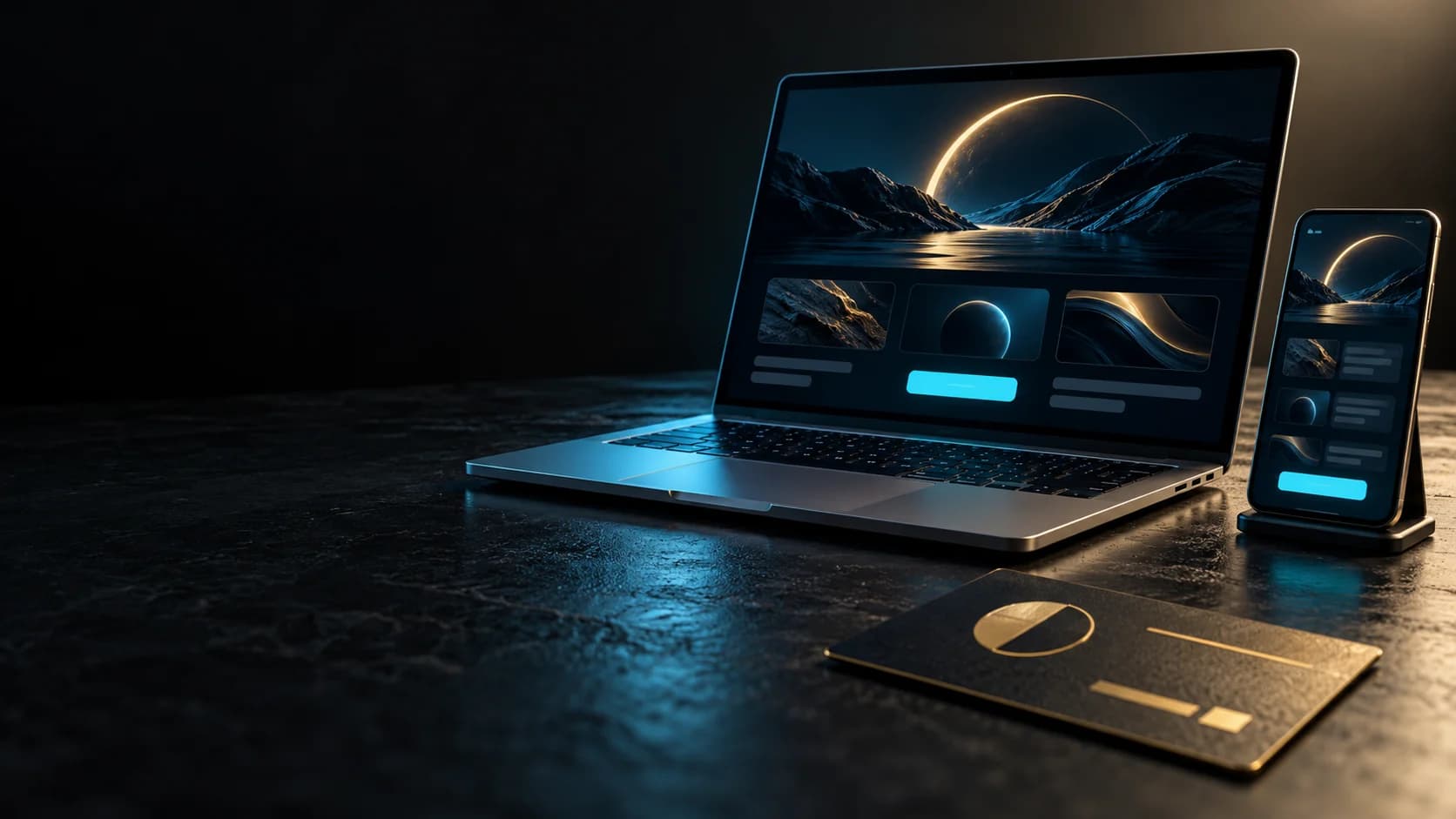 A laptop and a phone on a dark desk showing the same modern website