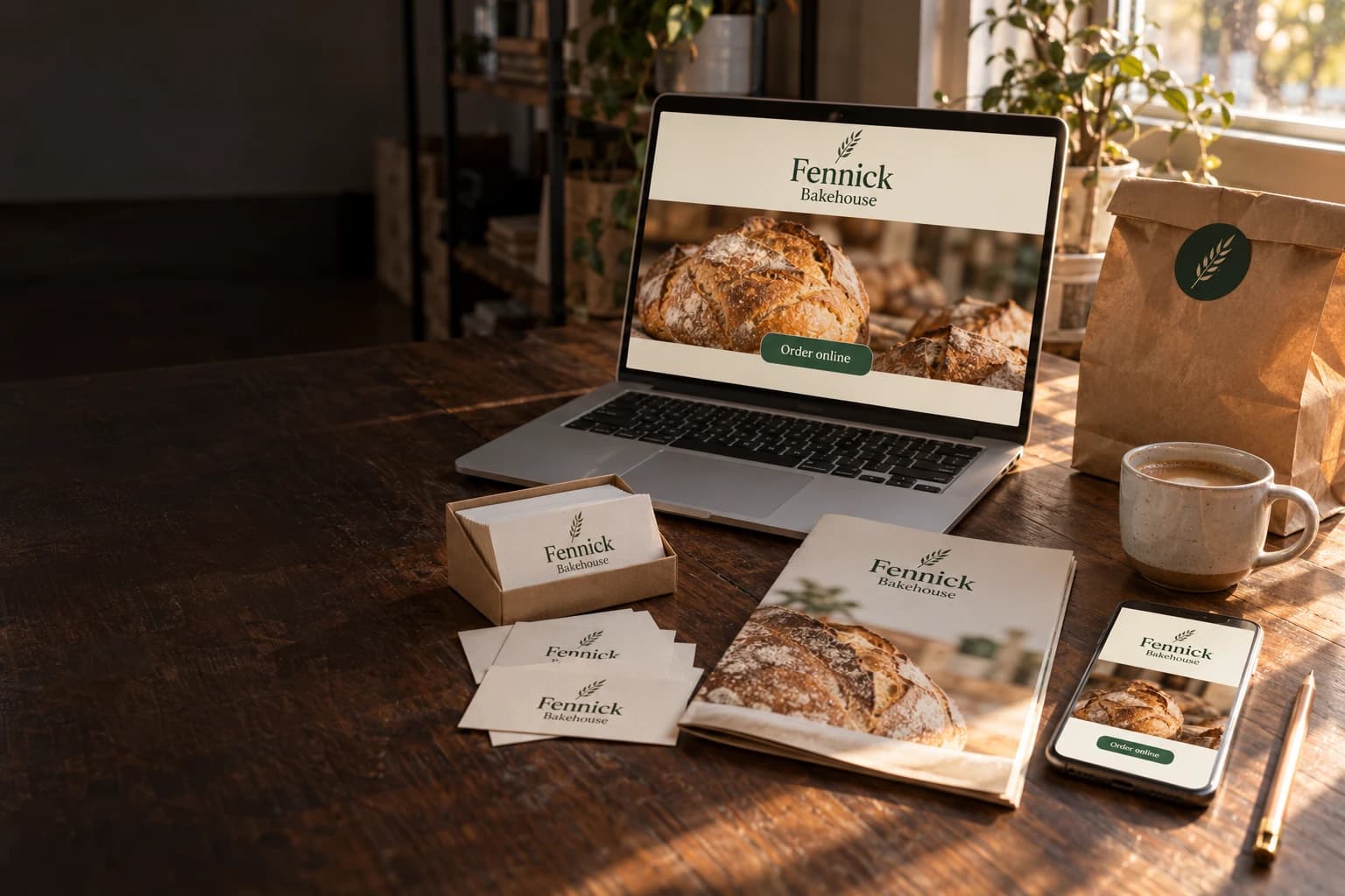 A laptop and phone showing a bakery's website beside its matching business cards, menu and bag sticker on a wooden desk