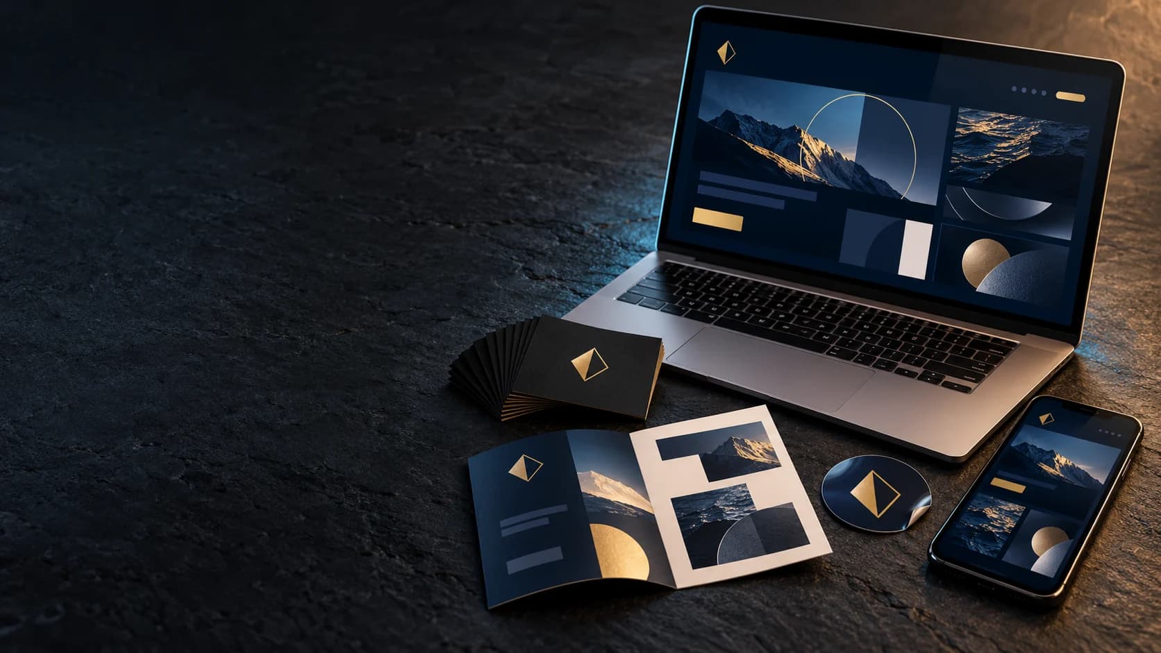 A laptop and a phone showing a website, beside matching foil business cards, a brochure and a sticker