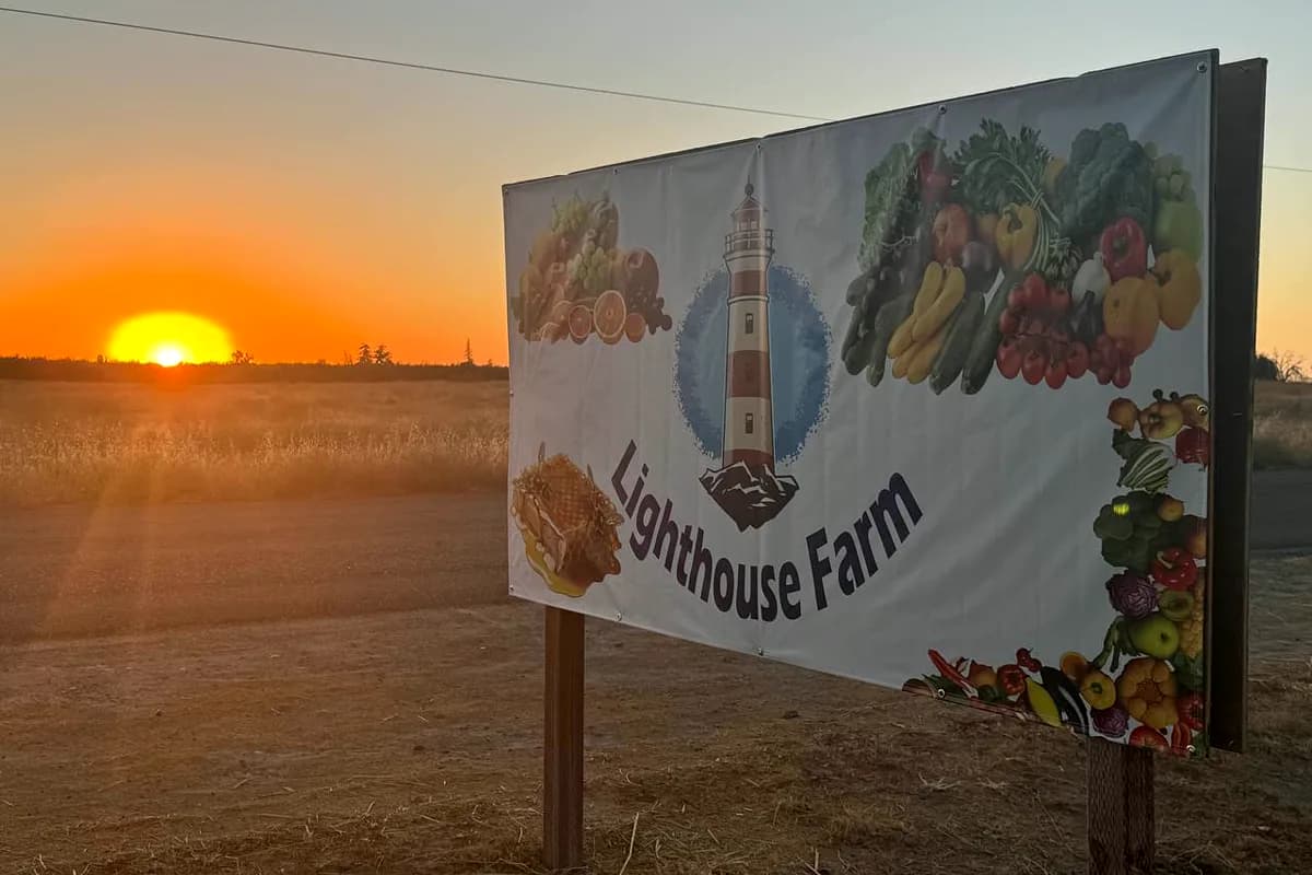 Large roadside farm stand sign photographed against a sunset for Lighthouse Farm