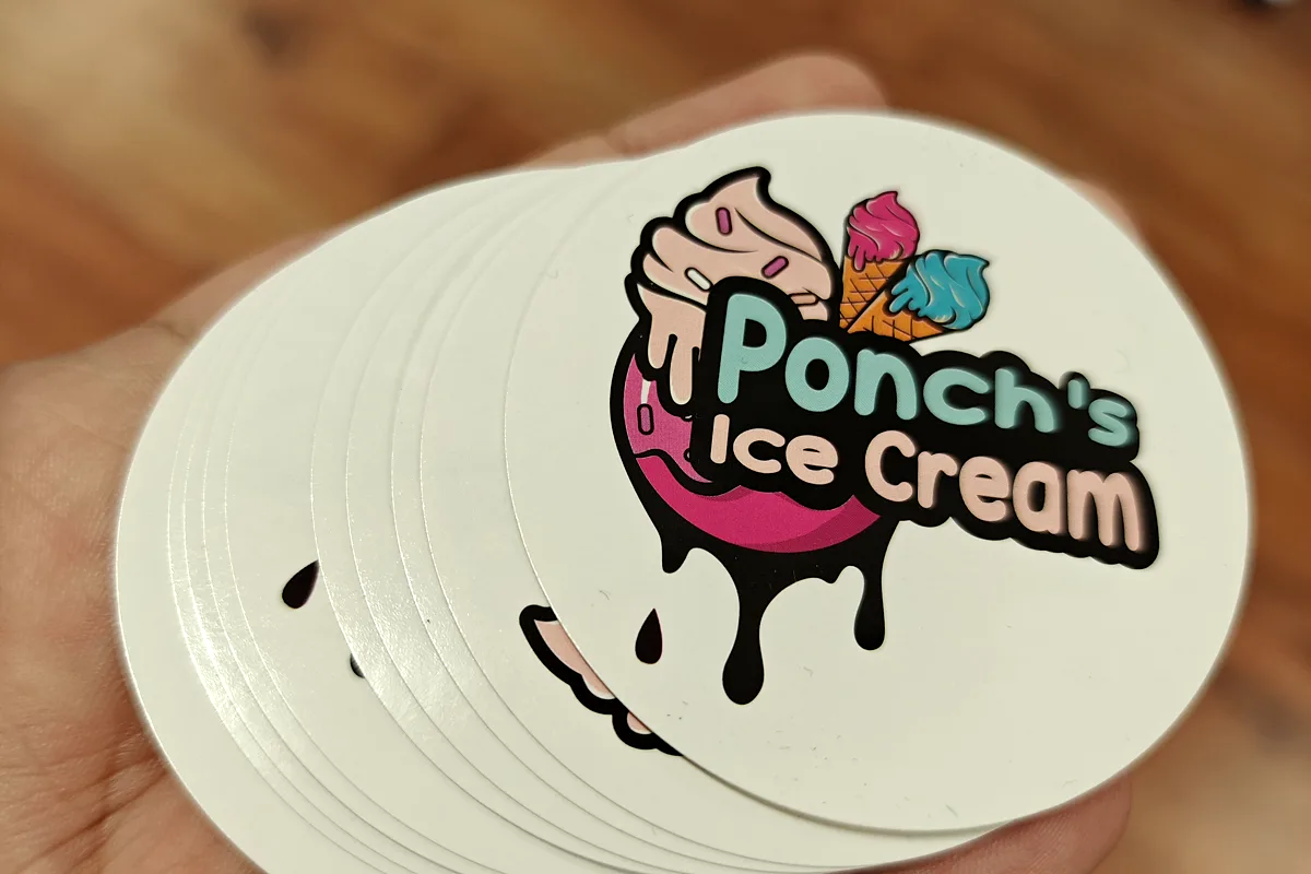 Stack of round die-cut logo stickers for Ponch’s Ice Cream