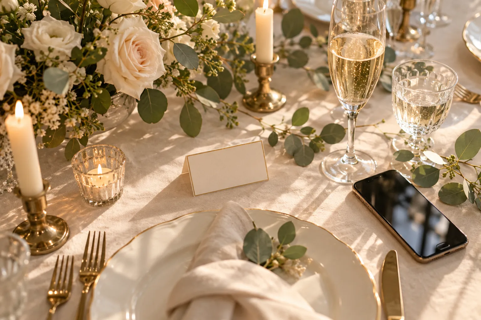 A reception table set with candles, roses, a phone and a small card
