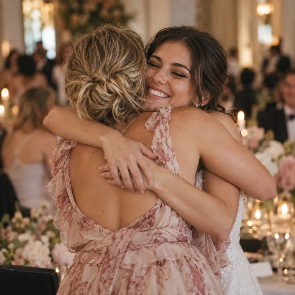 Two guests sharing a warm hug