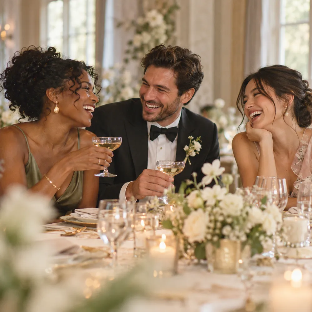 Guests laughing together at a reception table
