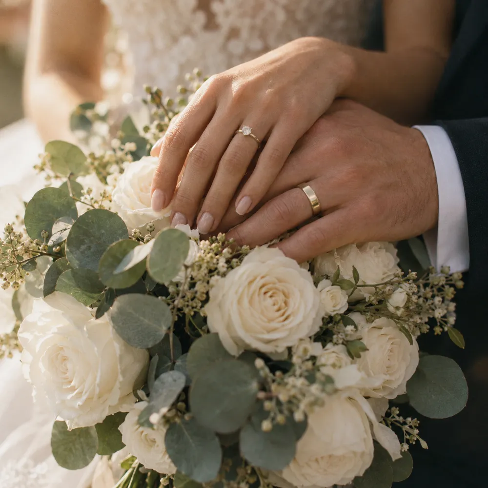 Wedding rings resting on a white bouquet