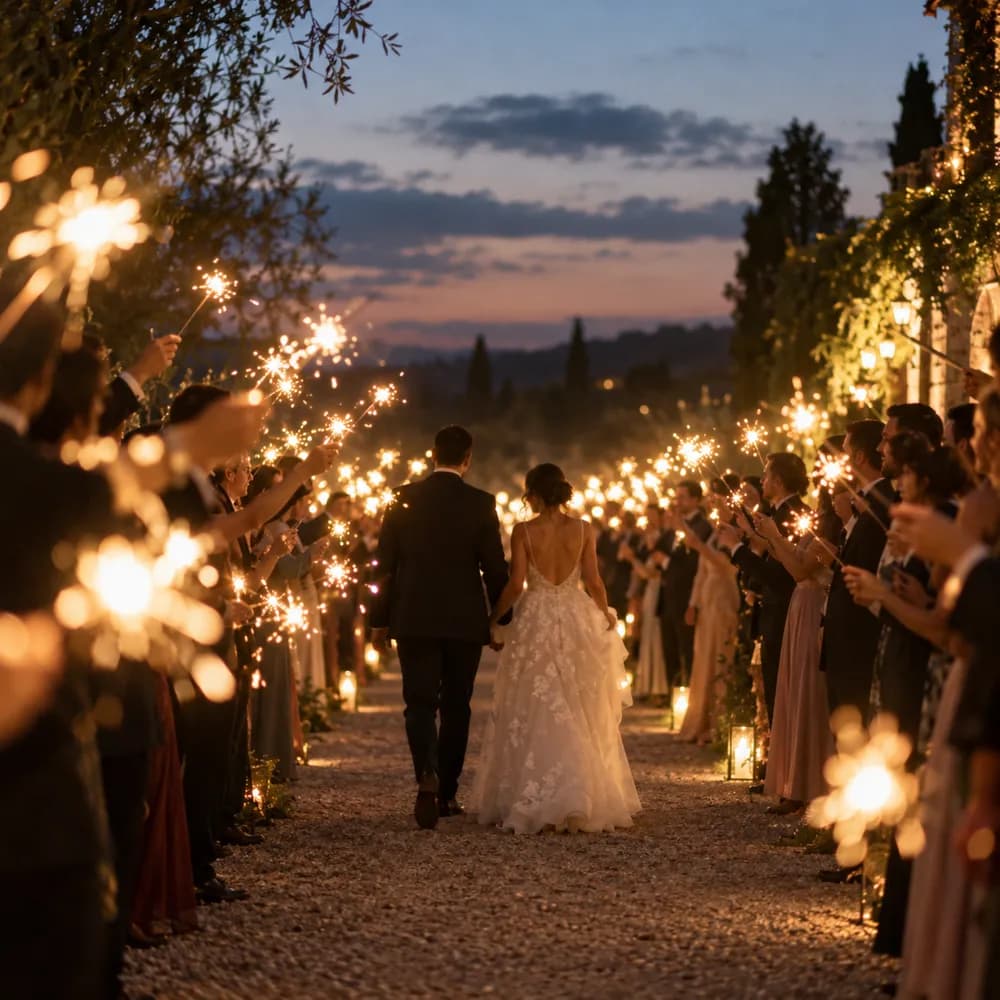 Guests holding sparklers for the send-off