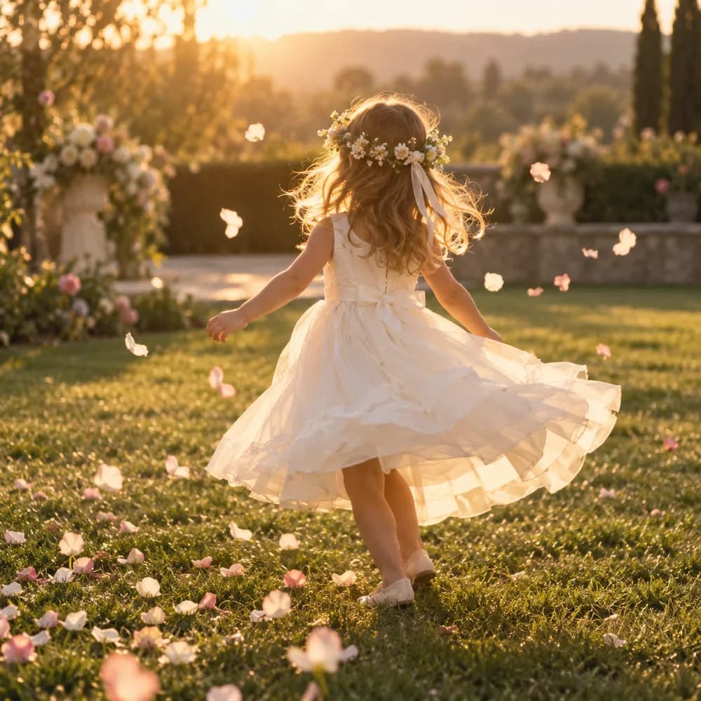 A flower girl twirling on the lawn at golden hour